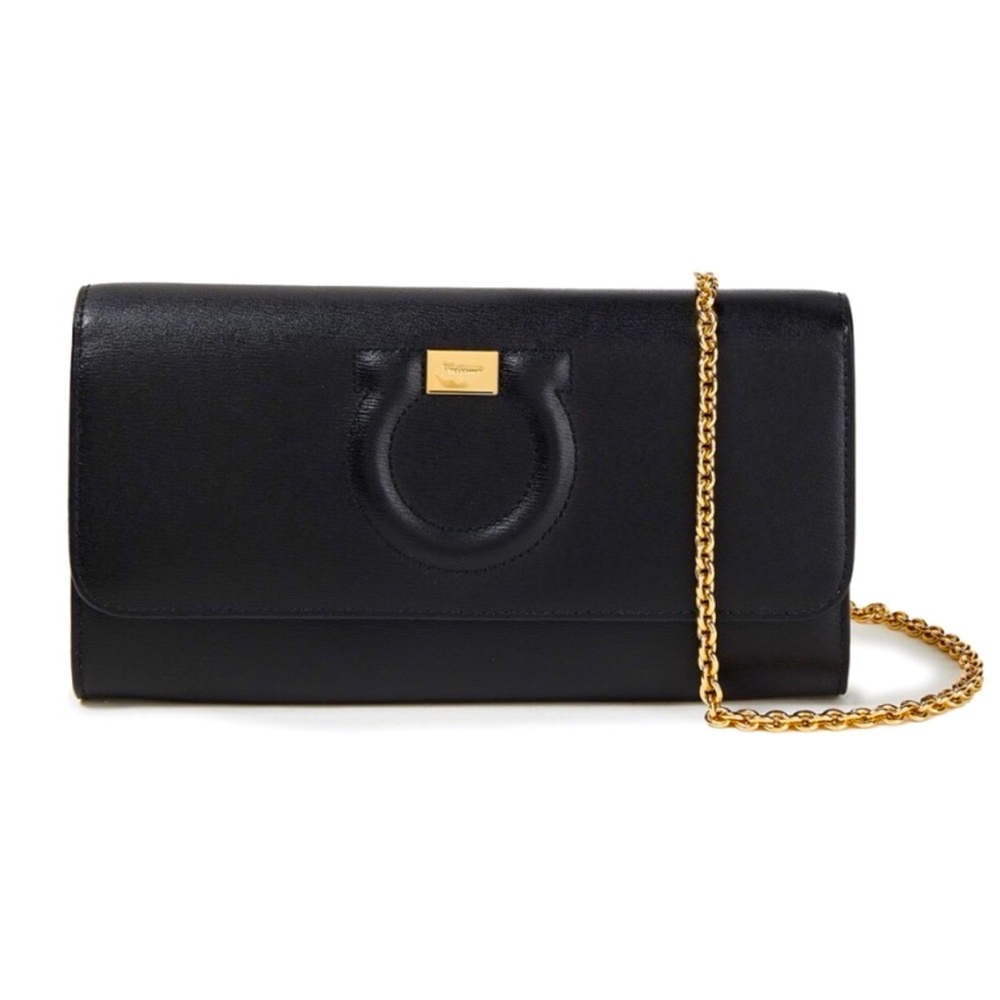 Salvatore Ferragamo Black Clutch with Gold Chain
